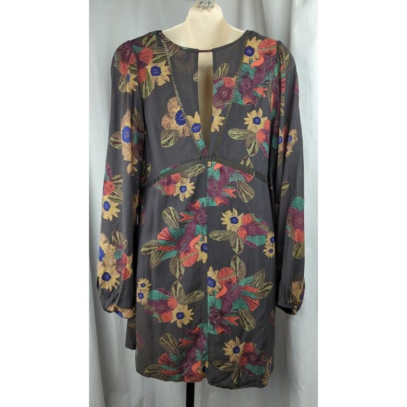 FREE PEOPLE Brown Mini Dress Floral Balloon Sleeve Boho Bohemian Festival XS - Picture 4 of 6